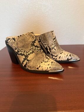 JustFab Cleo Snake-Print Pointed Toe Mules in Beige and Black
